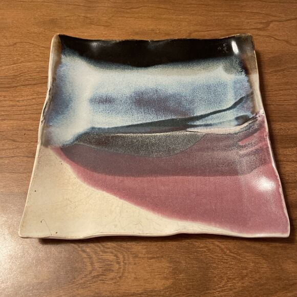 Signed Walton ‘95  Wavy Square Abstract Trinket Tray Nut Dish Sunset Colors - Picture 2 of 7
